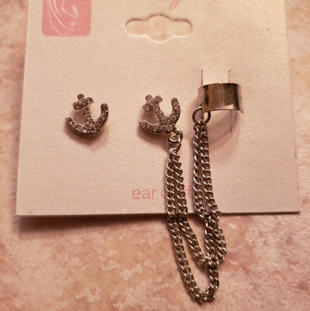 Silver Crystal Anchor Earrings and Cuff